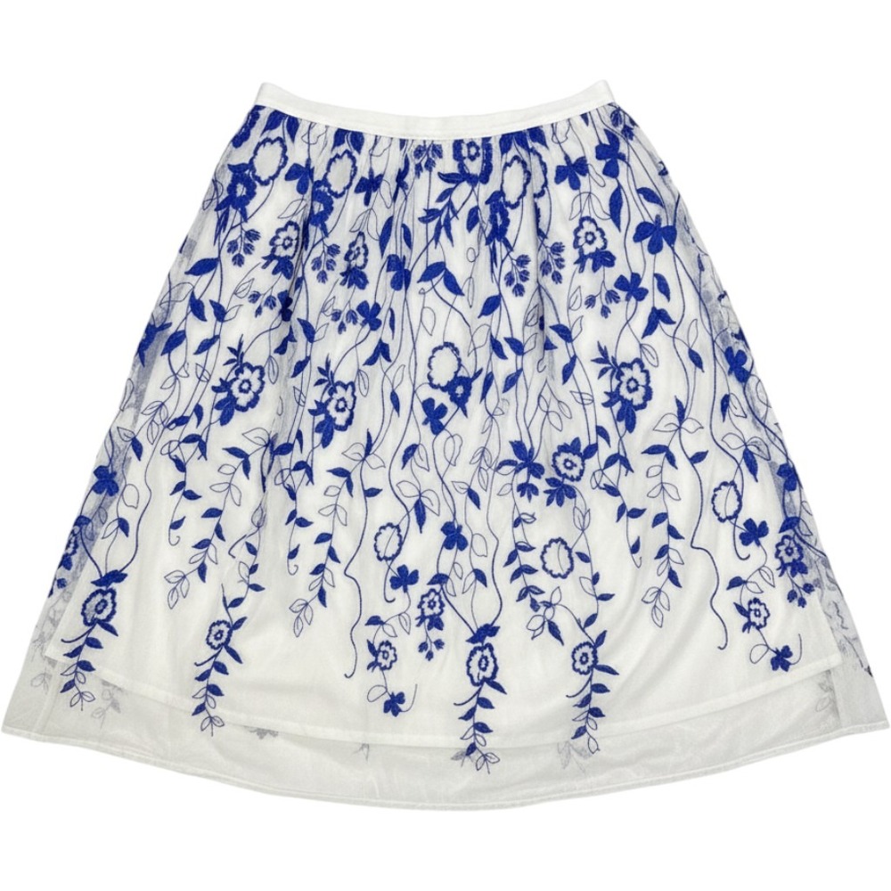 Susan Graver Blue Floral Embroidered Mesh Midi Skirt White Womens Size LP